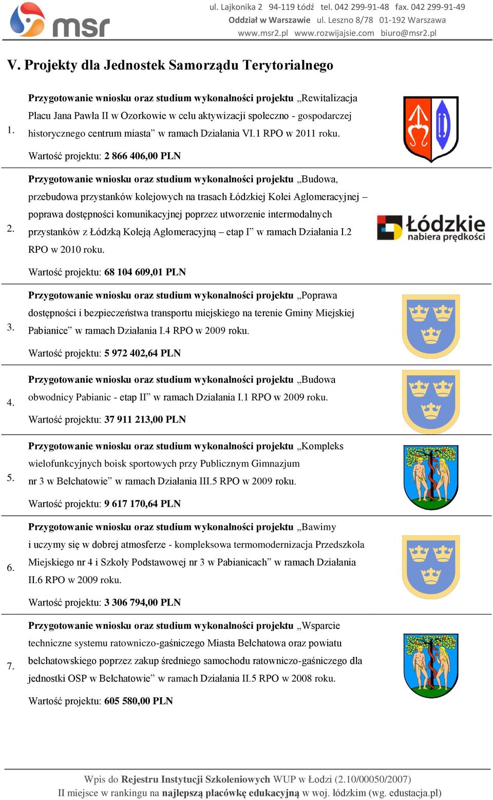 Wartość projektu: 2 866 406,00 PLN Przygotowanie wniosku oraz studium wykonalności projektu Budowa, przebudowa przystanków kolejowych na trasach Łódzkiej Kolei Aglomeracyjnej poprawa dostępności
