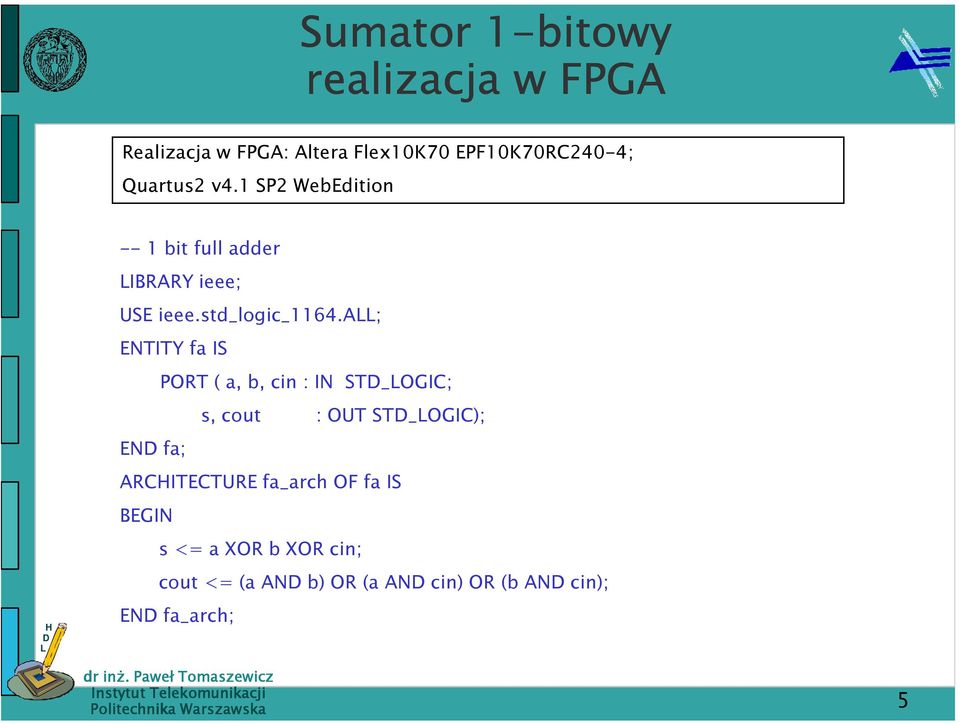 a; ENTITY fa IS PORT ( a, b, cin : IN ST_OGIC; s, cout : OUT ST_OGIC); EN fa; ARCITECTURE