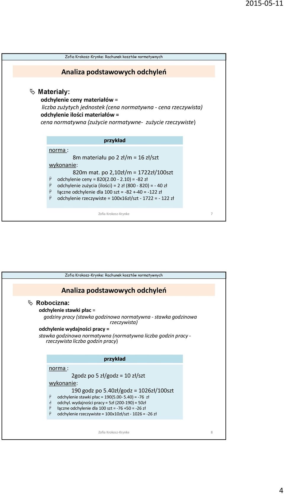 10) = -82 zł odchylenie zużycia (ilości) = 2 zł (800-820) = -40 zł łączne odchylenie dla 100 szt= -82 +-40 = -122 zł odchylenie rzeczywiste = 100x16zł/szt-1722 = -122 zł Zofia Krokosz-Krynke 7