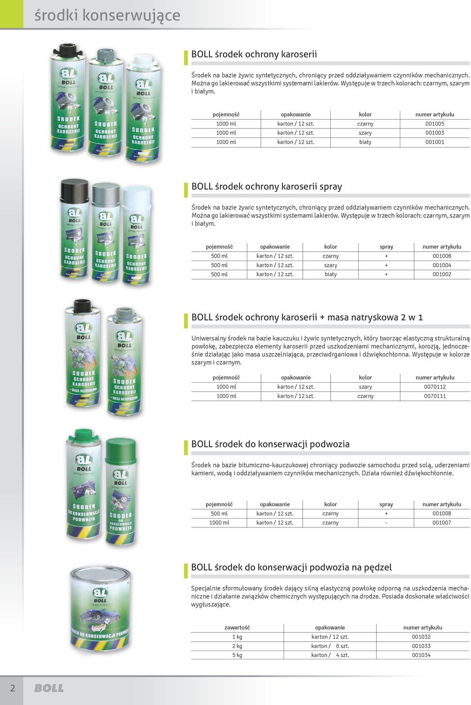 1000 ml 1000 ml 1000 ml czarny szary biały 001005 001003 001001 BOLL środek ochrony karoserii Środek na bazie żywic syntetycznych, chroniący przed oddziaływaniem czynników mechanicznych.