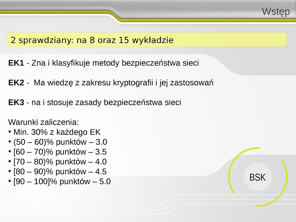 stosuje zasady bezpieczeństwa sieci Warunki zaliczenia: Min.