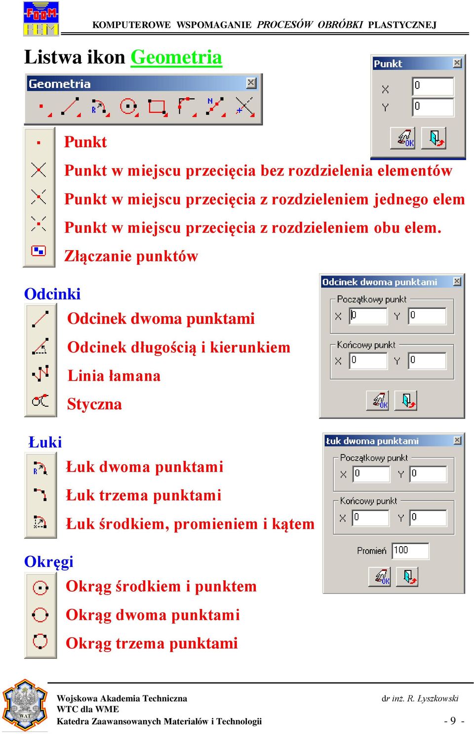 Złączanie punktów Odcinki Odcinek dwoma punktami Odcinek długością i kierunkiem Linia łamana Styczna Łuki Łuk dwoma punktami