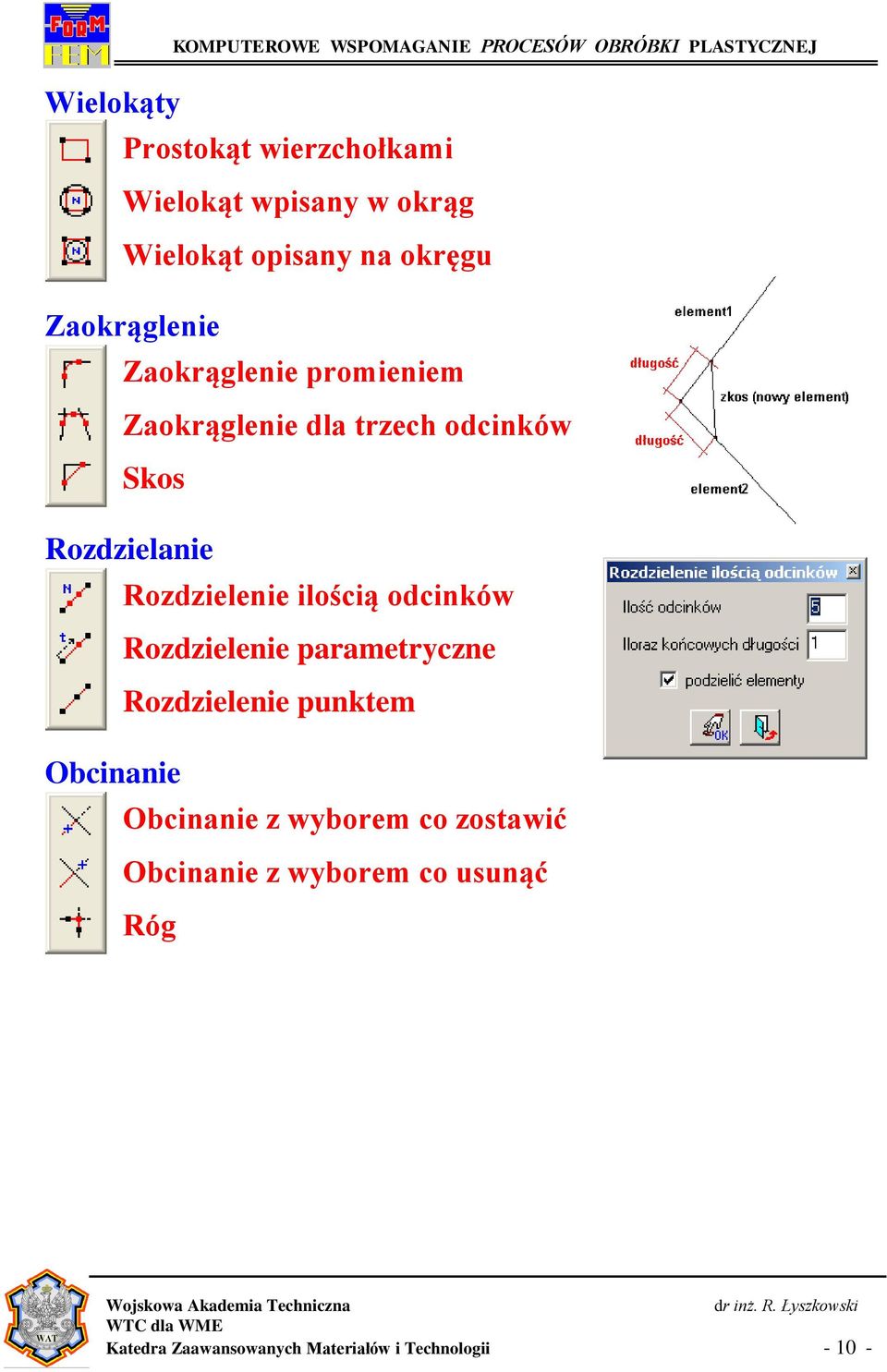 Rozdzielenie ilością odcinków Rozdzielenie parametryczne Rozdzielenie punktem Obcinanie