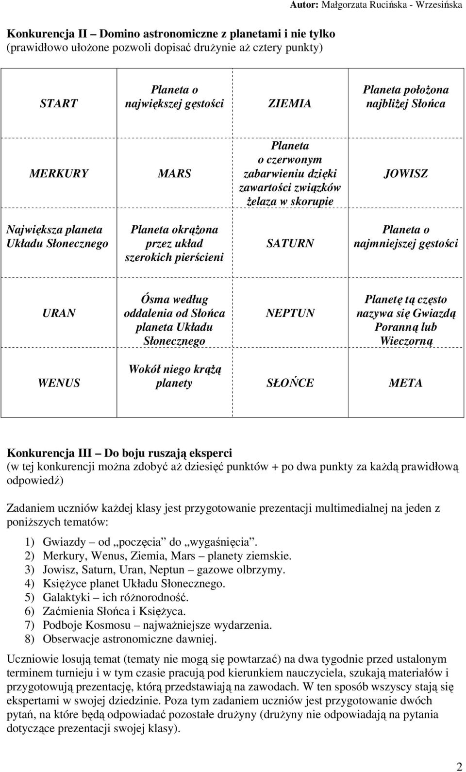 Planeta o najmniejszej gęstości URAN Ósma według oddalenia od Słońca planeta Układu Słonecznego NEPTUN Planetę tą często nazywa się Gwiazdą Poranną lub Wieczorną WENUS Wokół niego krążą planety