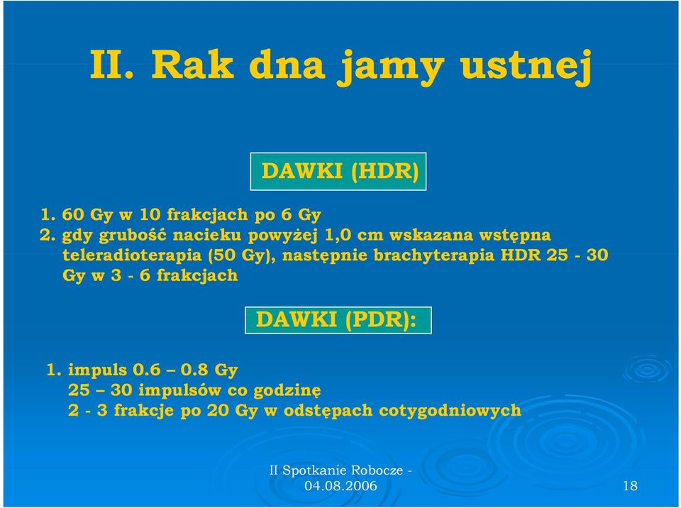 następnie brachyterapia HDR 25-30 Gy w 3-6 frakcjach DAWKI (PDR): 1. impuls 0.