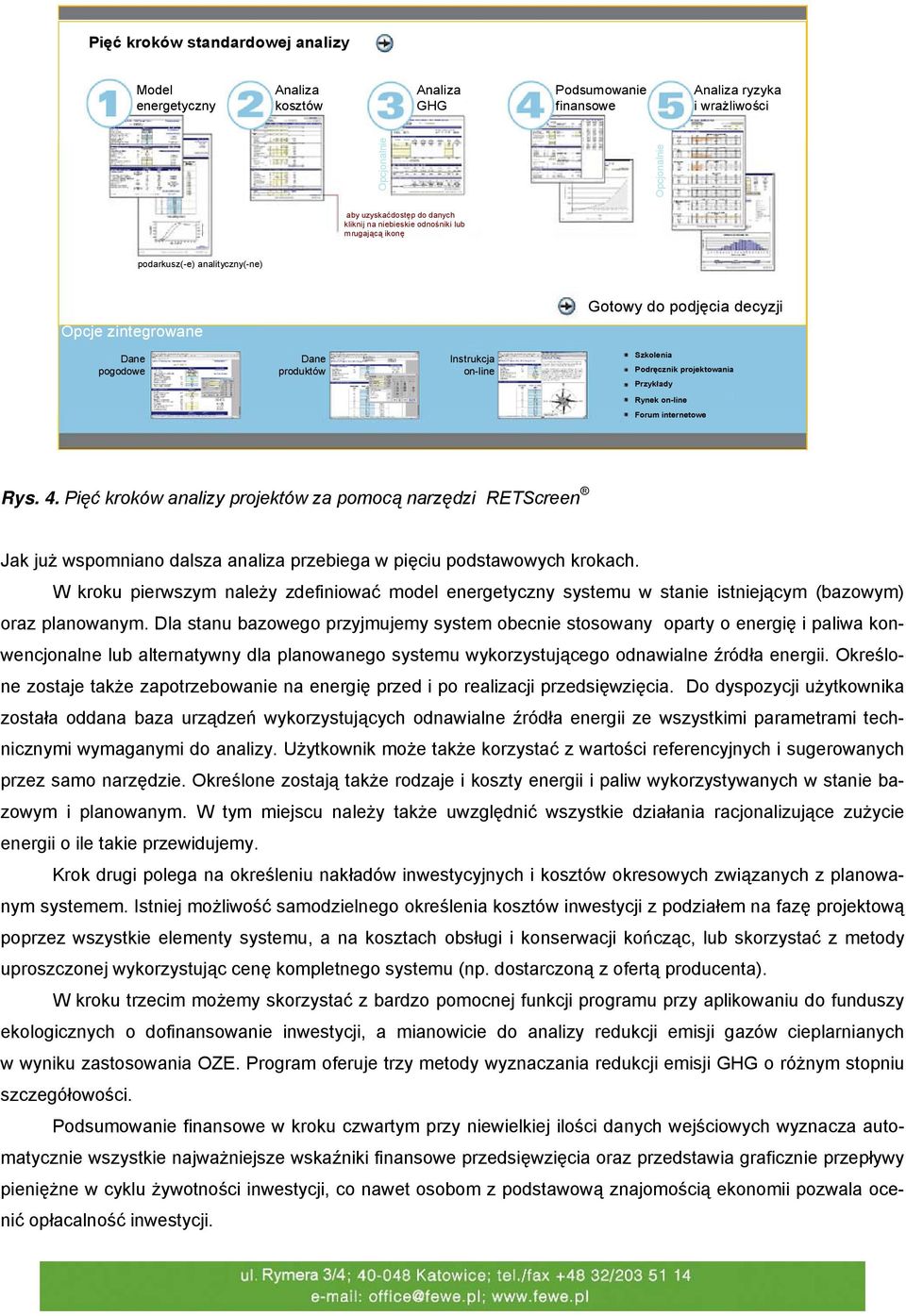 projektowania Przykłady Rynek on-line Forum internetowe Rys. 4. Pięć kroków analizy projektów za pomocą narzędzi RETScreen Jak już wspomniano dalsza analiza przebiega w pięciu podstawowych krokach.