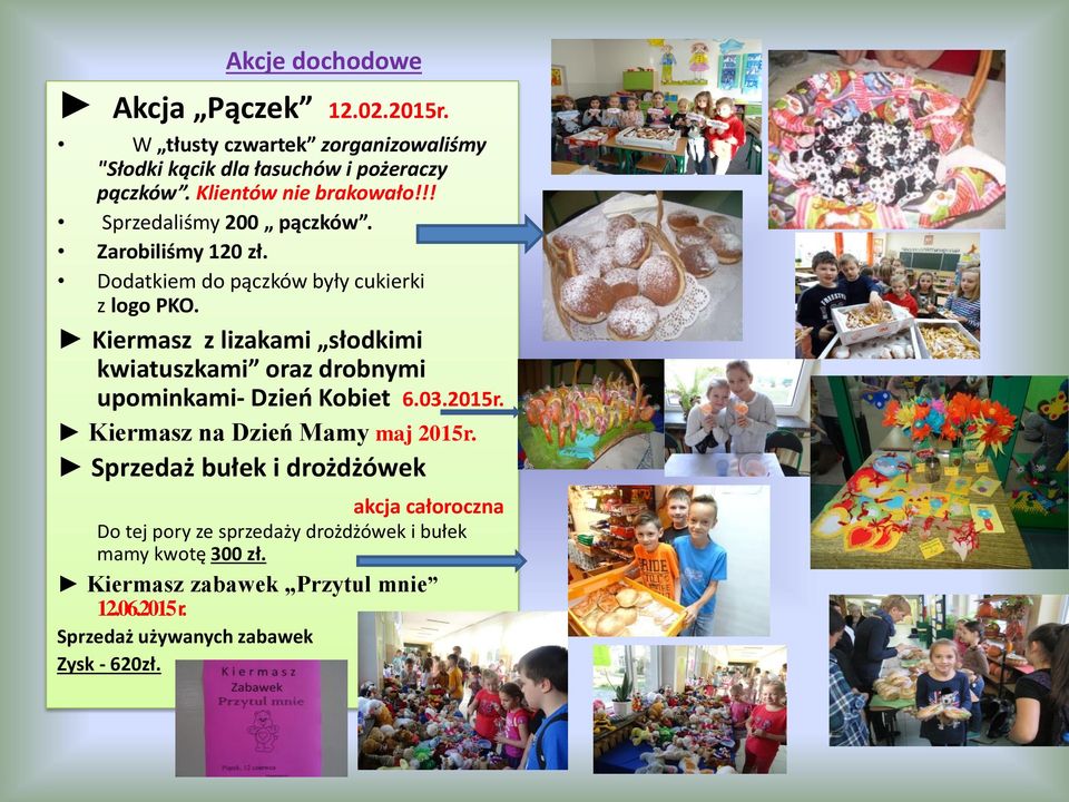 Kiermasz z lizakami słodkimi kwiatuszkami oraz drobnymi upominkami- Dzień Kobiet 6.03.2015r. Kiermasz na Dzień Mamy maj 2015r.