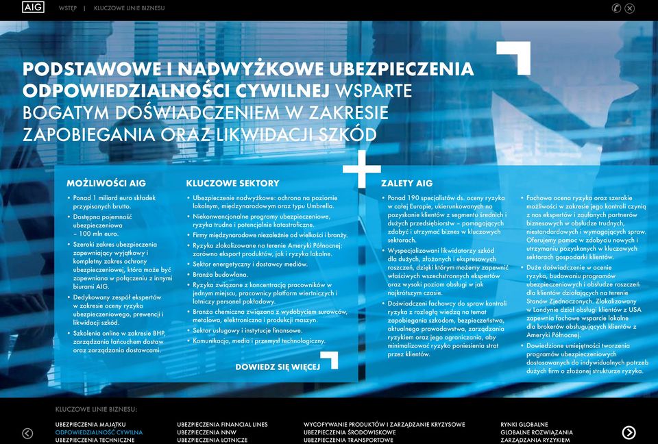 Szeroki zakres ubezpieczenia zapewniający wyjątkowy i kompletny zakres ochrony ubezpieczeniowej, która może być zapewniana w połączeniu z innymi biurami AIG.