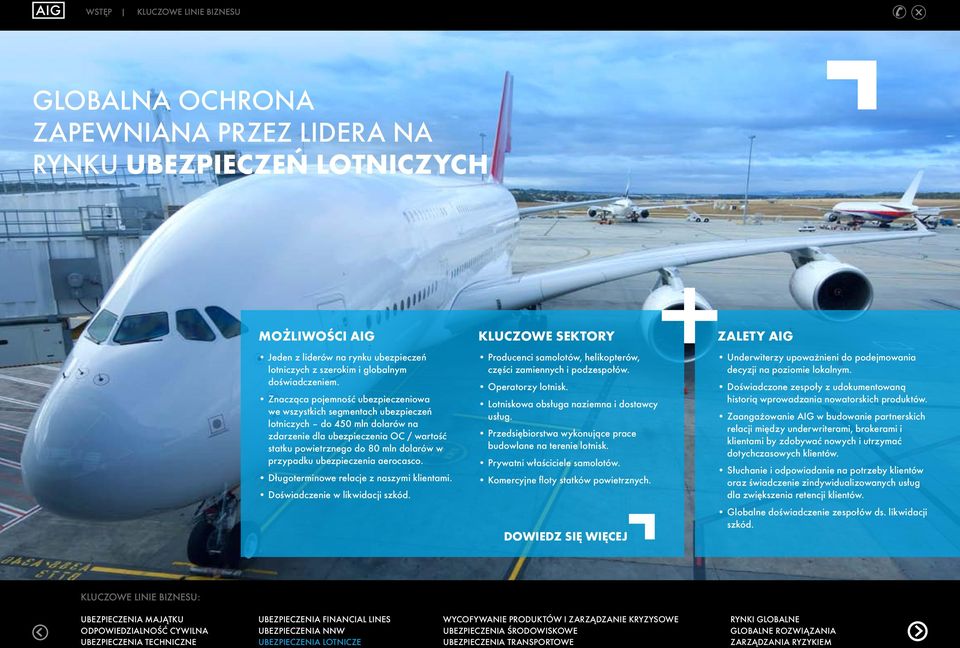 ubezpieczenia aerocasco. Długoterminowe relacje z naszymi klientami. Doświadczenie w likwidacji szkód. KLUCZOWE SEKTORY Producenci samolotów, helikopterów, części zamiennych i podzespołów.