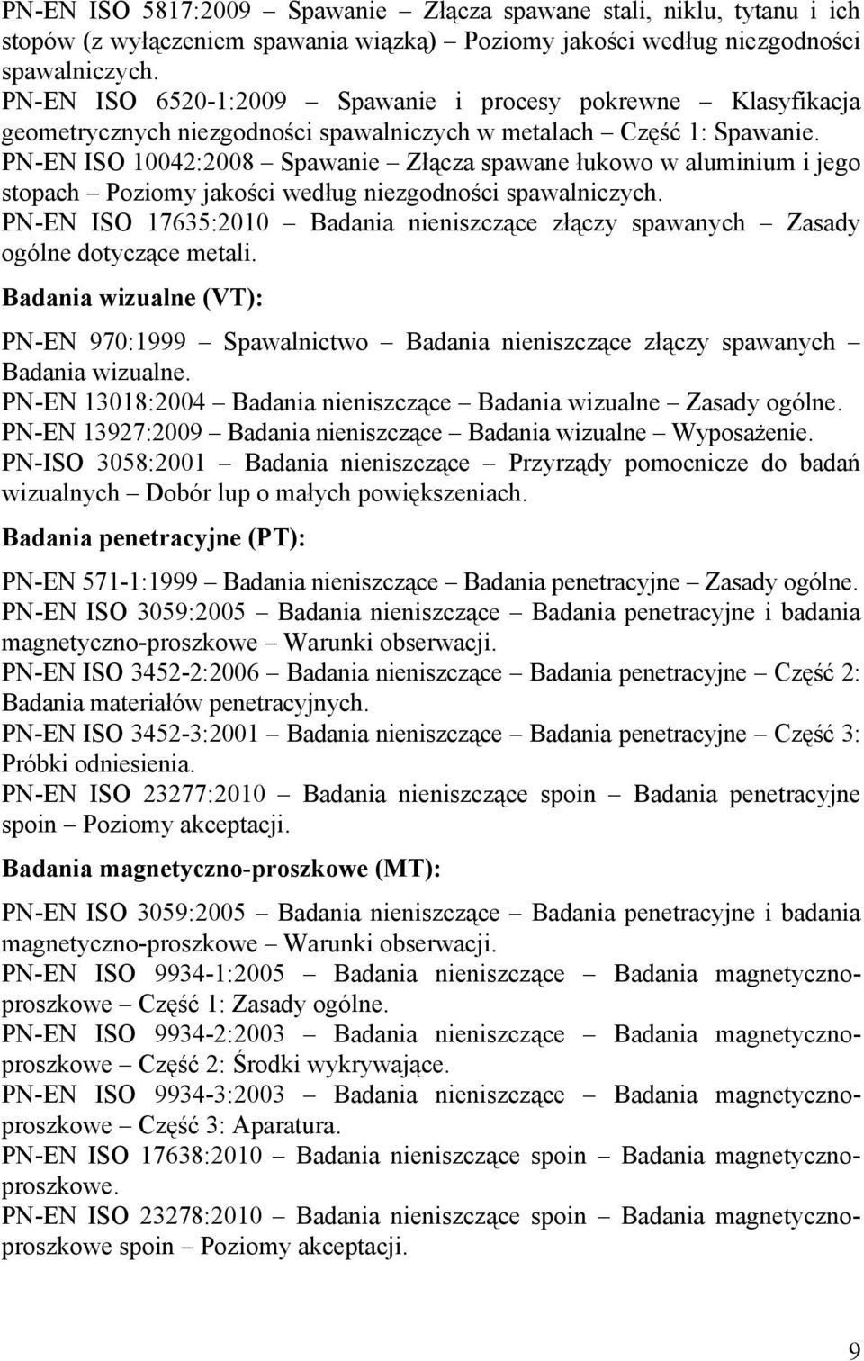 PN-EN ISO 10042:2008 Spawanie Złącza spawane łukowo w aluminium i jego stopach Poziomy jakości według niezgodności spawalniczych.