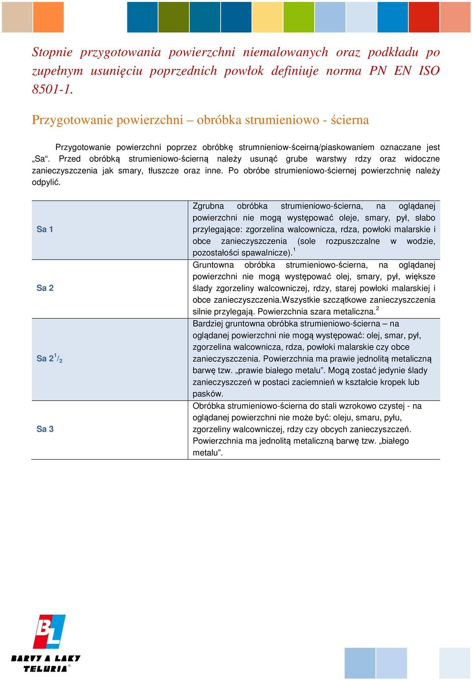 Przed obróbką strumieniowo-ścierną należy usunąć grube warstwy rdzy oraz widoczne zanieczyszczenia jak smary, tłuszcze oraz inne. Po obróbe strumieniowo-ściernej powierzchnię należy odpylić.