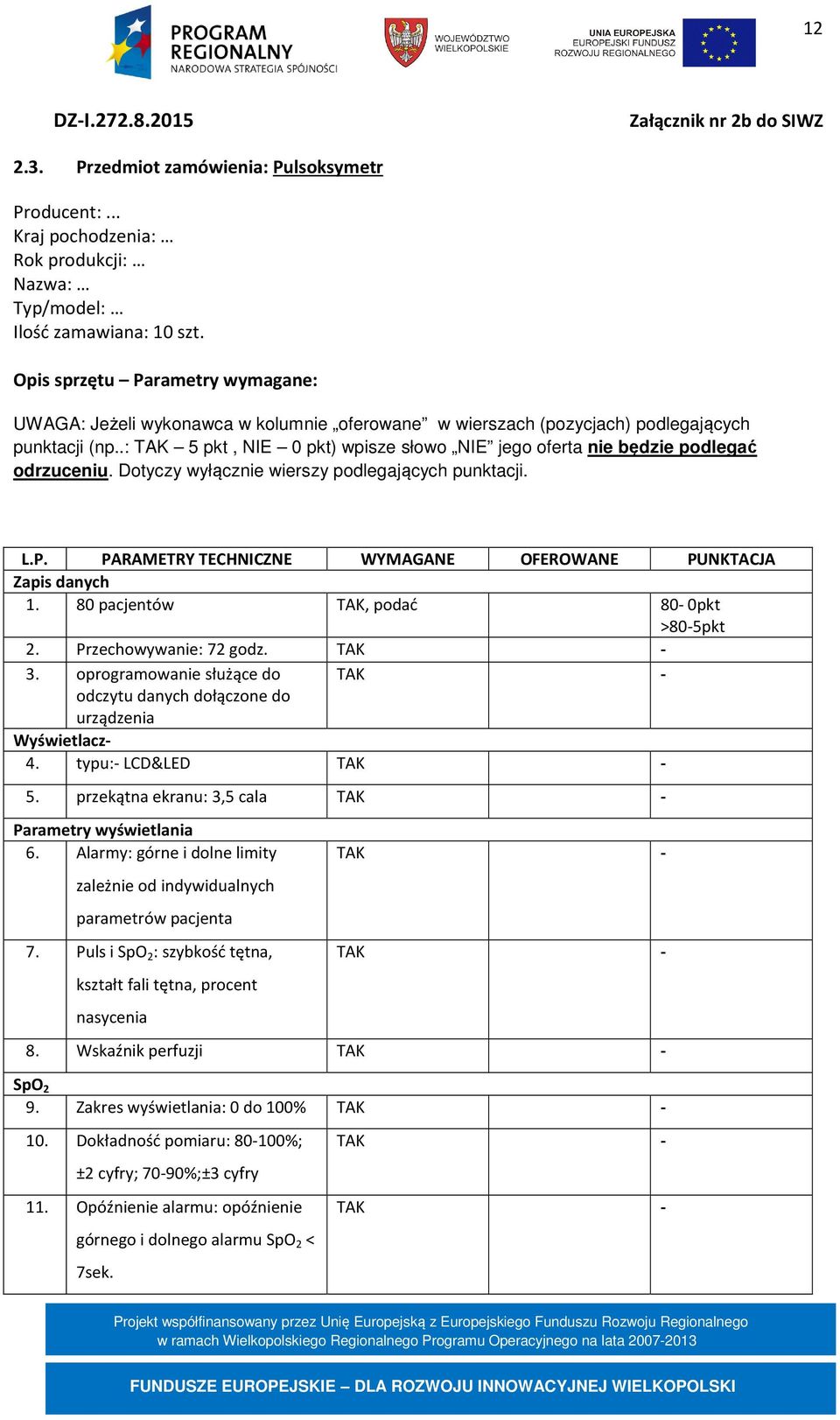.: TAK 5 pkt, NIE 0 pkt) wpisze słowo NIE jego oferta nie będzie podlegać odrzuceniu. Dotyczy wyłącznie wierszy podlegających punktacji. L.P.