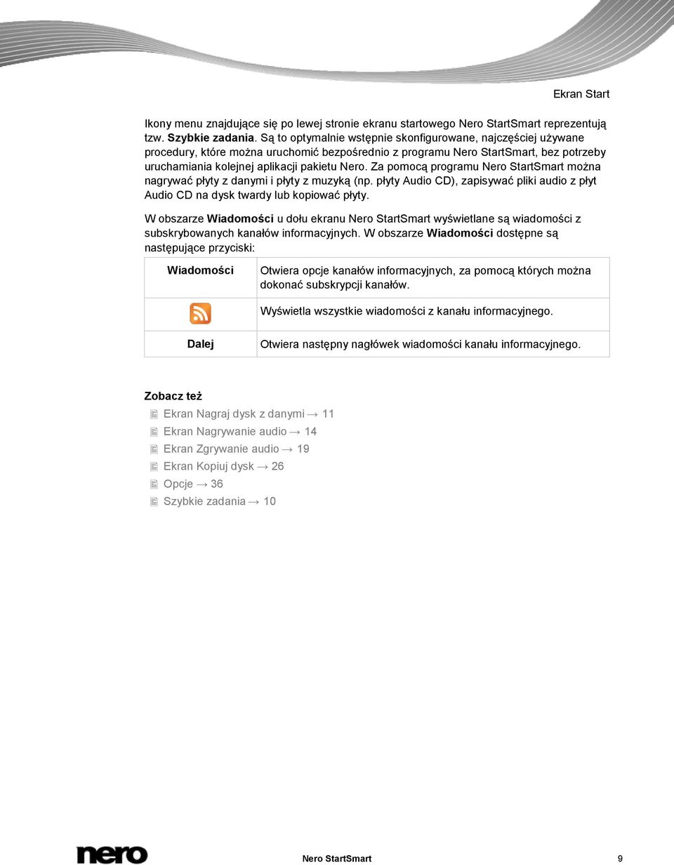 Za pomocą programu Nero StartSmart można nagrywać płyty z danymi i płyty z muzyką (np. płyty Audio CD), zapisywać pliki audio z płyt Audio CD na dysk twardy lub kopiować płyty.