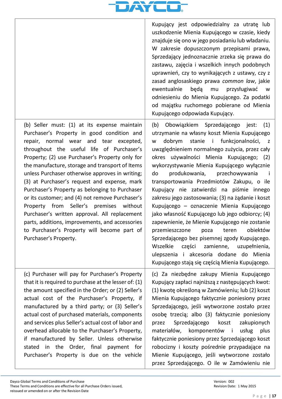 anglosaskiego prawa common law, jakie ewentualnie będą mu przysługiwać w odniesieniu do Mienia Kupującego. Za podatki od majątku ruchomego pobierane od Mienia Kupującego odpowiada Kupujący.