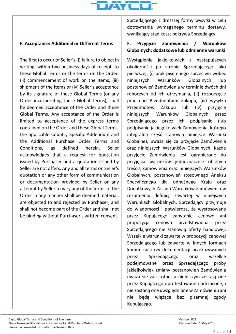 or the terms on the Order, (ii) commencement of work on the Items, (iii) shipment of the Items or (iv) Seller s acceptance by its signature of these Global Terms (or any Order incorporating these