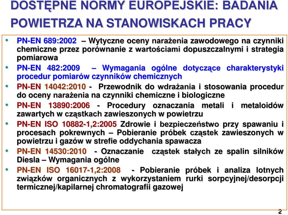 czynniki chemiczne i biologiczne PN-EN 13890:2006 - Procedury oznaczania metali i metaloidów zawartych w cząstkach zawieszonych w powietrzu PN-EN ISO 10882-1,2:2005 Zdrowie i bezpieczeństwo przy