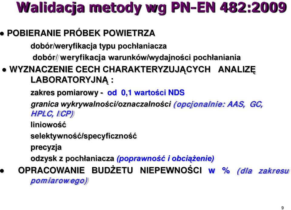 wartości NDS ANALIZĘ granica wykrywalności/oznaczalności (opcjonalnie: AAS, GC, HPLC, ICP) liniowość