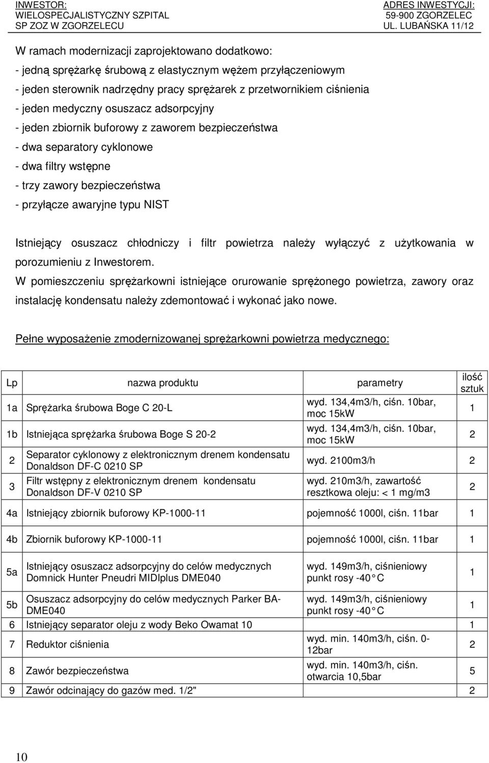 chłodniczy i filtr powietrza należy wyłączyć z użytkowania w porozumieniu z Inwestorem.