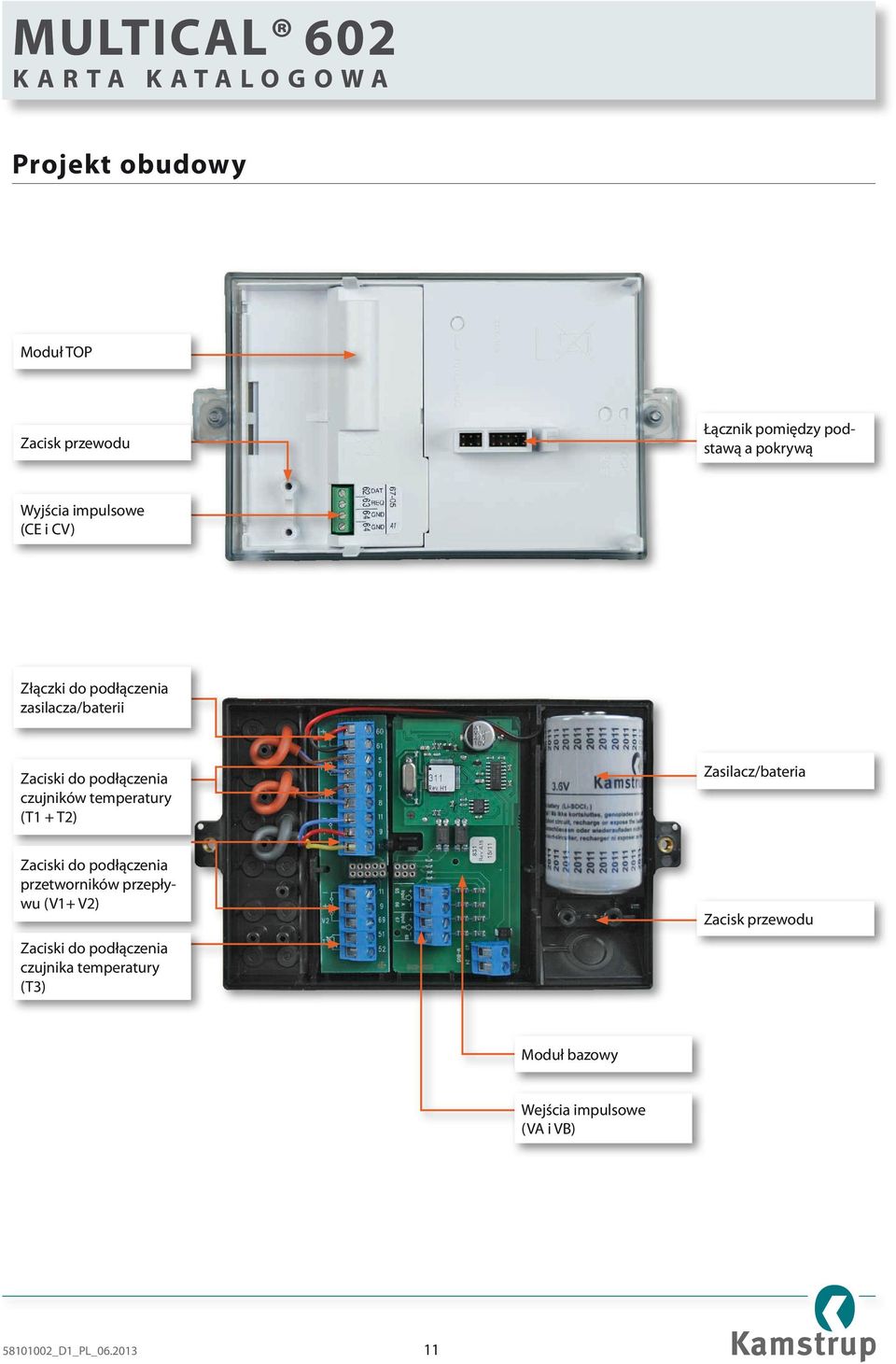 Zasilacz/bateria Zaciski do podłączenia przetworników przepływu (V1+ V2) Zaciski do podłączenia
