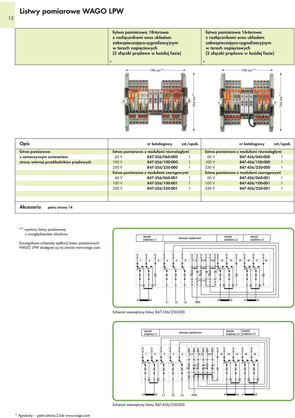 zwieraniem strony wtórnej przekładników prądowych listwa pomiarowa z modułami równoległymi 60 V 847-356/060-000 1 100 V 847-356/100-000 1 230 V 847-356/230-000 1 listwa pomiarowa z modułami