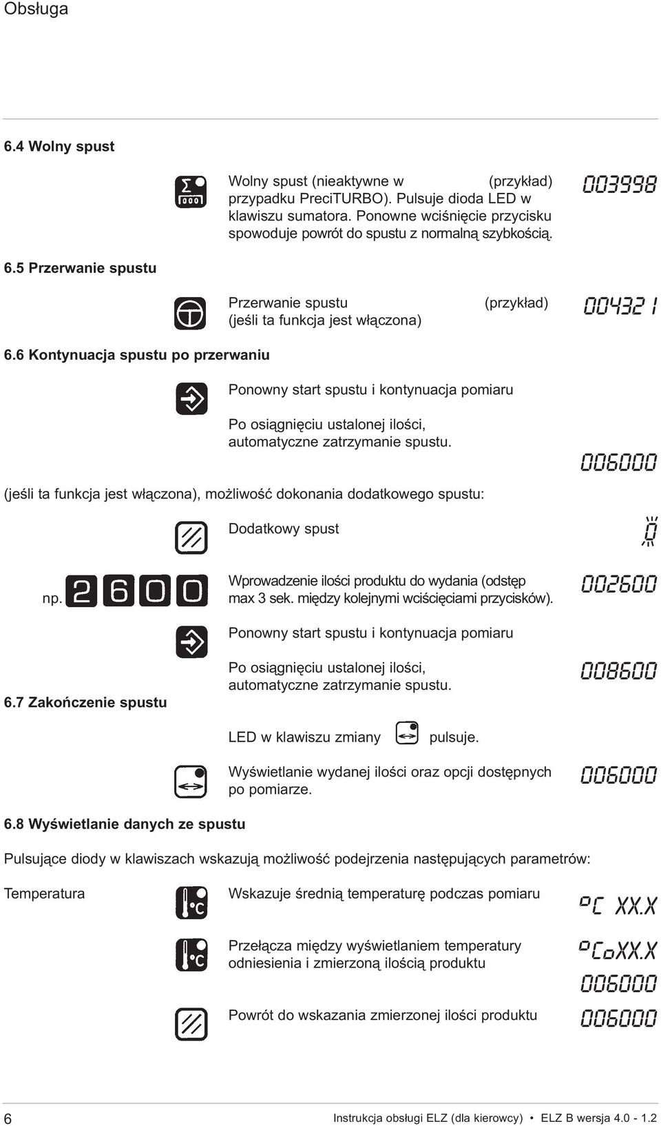 6 Kontynuacja spustu po przerwaniu Ponowny start spustu i kontynuacja pomiaru Po osiągnięciu ustalonej ilości, automatyczne zatrzymanie spustu.