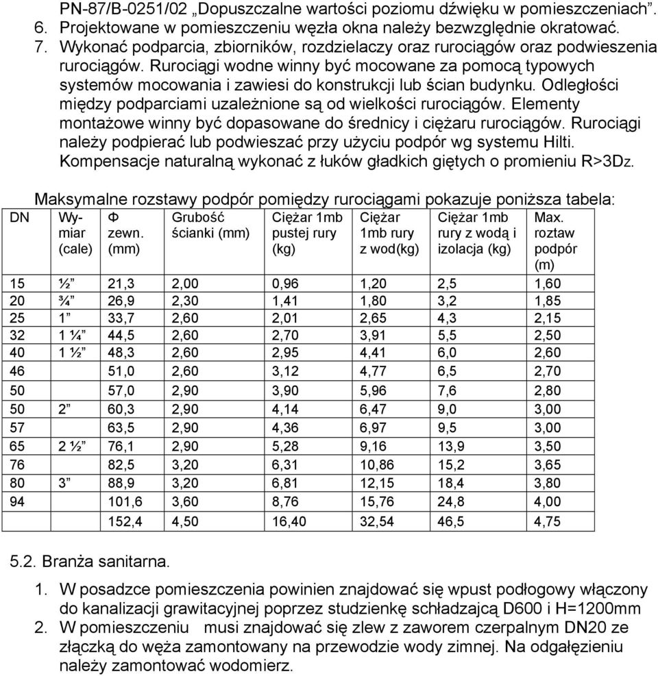 Rurociągi wodne winny być mocowane za pomocą typowych systemów mocowania i zawiesi do konstrukcji lub ścian budynku. Odległości między podparciami uzależnione są od wielkości rurociągów.