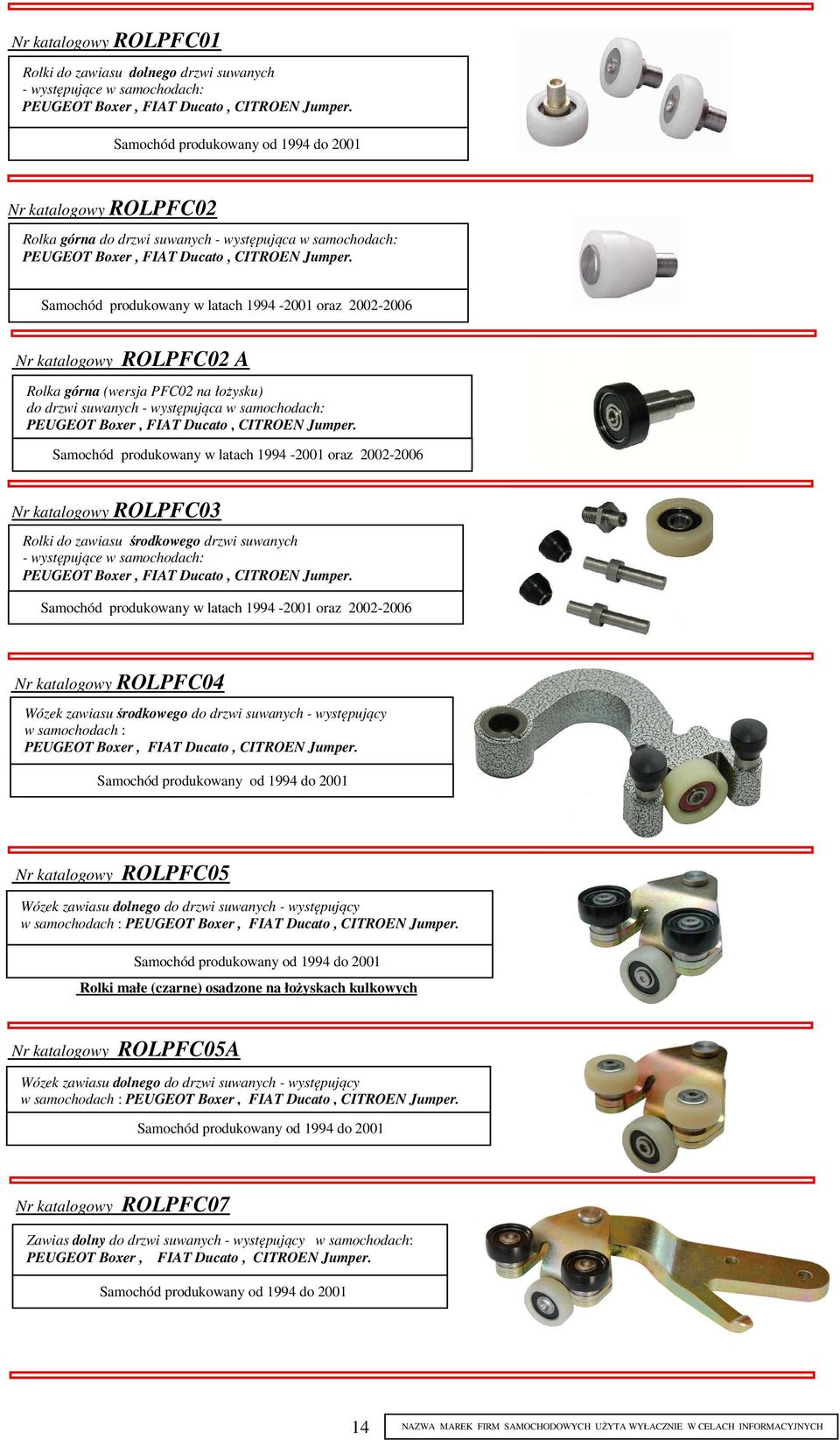 w latach 1994-2001 oraz 2002-2006 Nr katalogowy ROLPFC03 - występujące w samochodach: Samochód produkowany w latach 1994-2001 oraz 2002-2006 Nr katalogowy ROLPFC04 Wózek zawiasu środkowego do drzwi