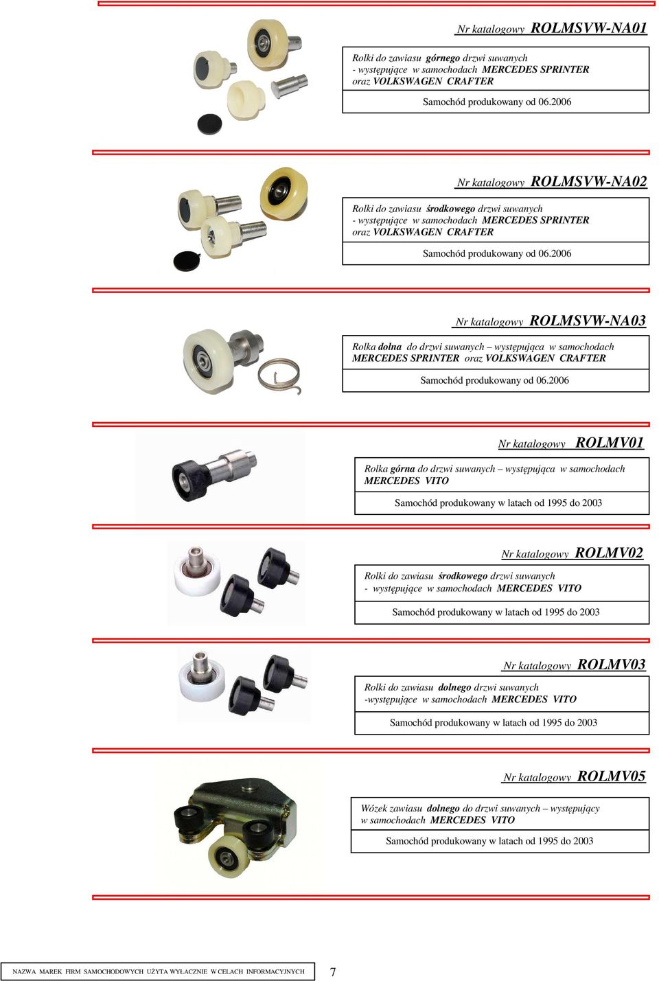 2006 Nr katalogowy ROLMSVW-NA03 Rolka dolna do drzwi suwanych występująca w samochodach MERCEDES SPRINTER oraz VOLKSWAGEN CRAFTER Samochód produkowany od 06.