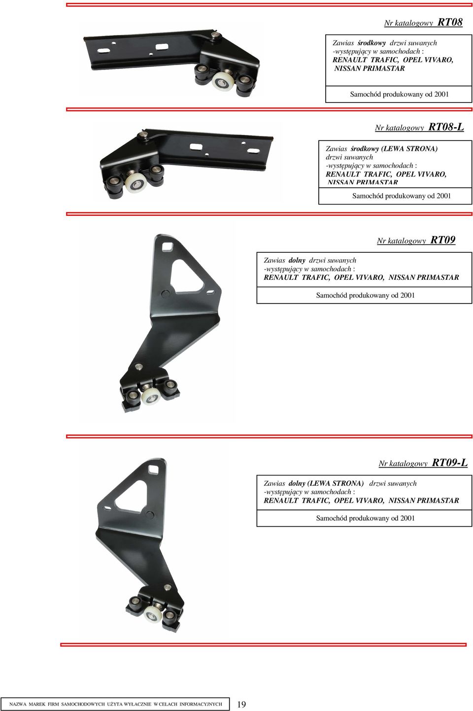 od 2001 Zawias dolny drzwi suwanych -występujący w samochodach : RENAULT TRAFIC, OPEL VIVARO, NISSAN PRIMASTAR Samochód produkowany od 2001