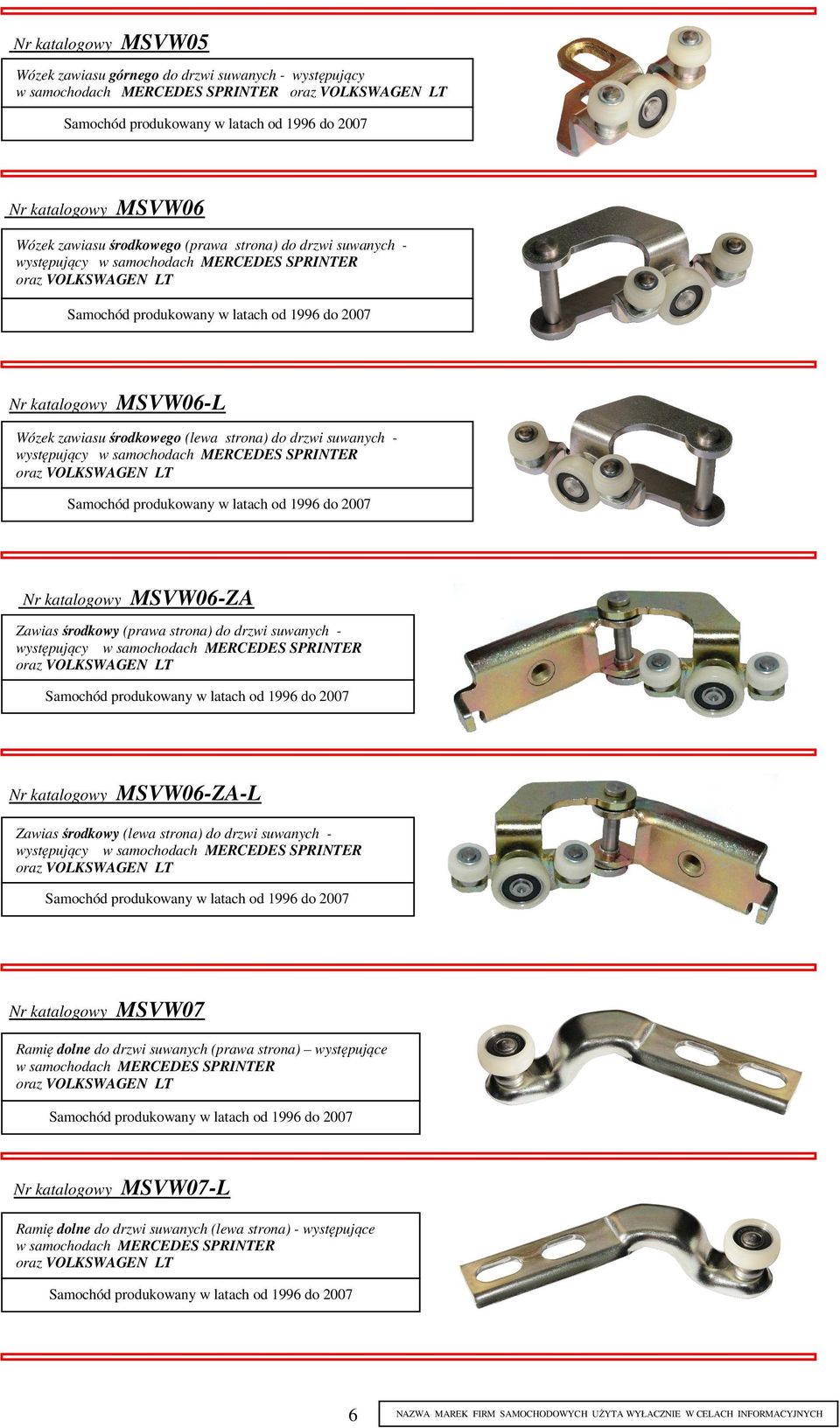 suwanych występujący w samochodach MERCEDES SPRINTER oraz VOLKSWAGEN LT Samochód produkowany w latach od 1996 do 2007 MSVW06-ZA Zawias środkowy (prawa strona) do drzwi suwanych występujący w