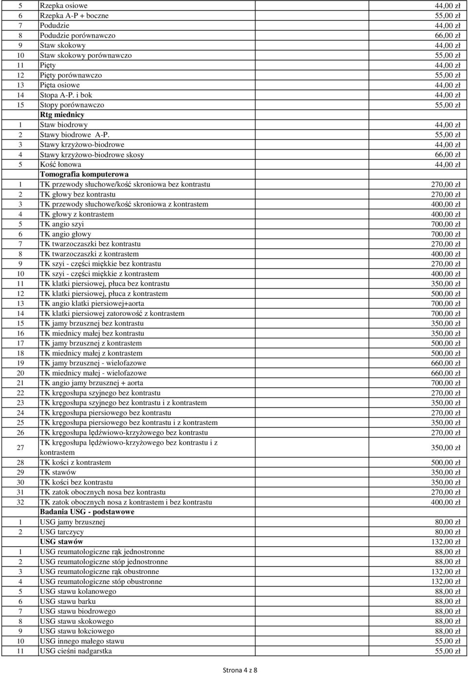 55,00 zł 3 Stawy krzyżowo-biodrowe 44,00 zł 4 Stawy krzyżowo-biodrowe skosy 66,00 zł 5 Kość łonowa 44,00 zł Tomografia komputerowa 1 TK przewody słuchowe/kość skroniowa bez kontrastu 270,00 zł 2 TK