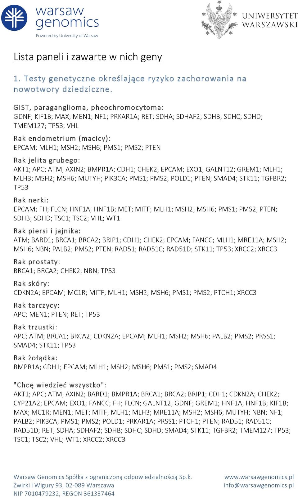 PTEN Rak jelita grubego: AKT1; APC; ATM; AXIN2; BMPR1A; CDH1; CHEK2; EPCAM; EXO1; GALNT12; GREM1; MLH1; MLH3; MSH2; MSH6; MUTYH; PIK3CA; PMS1; PMS2; POLD1; PTEN; SMAD4; STK11; TGFBR2; TP53 Rak nerki: