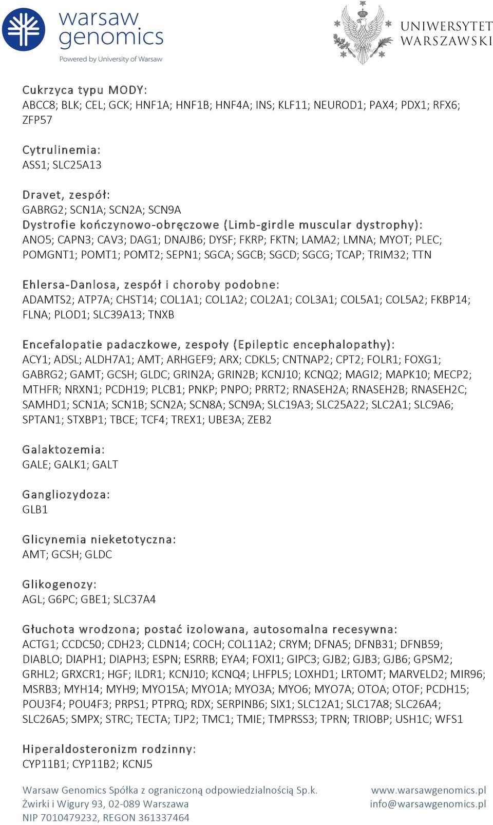 TRIM32; TTN Ehlersa- Danlosa, zespół i choroby podobne: ADAMTS2; ATP7A; CHST14; COL1A1; COL1A2; COL2A1; COL3A1; COL5A1; COL5A2; FKBP14; FLNA; PLOD1; SLC39A13; TNXB Encefalopatie padaczkowe, zespoły