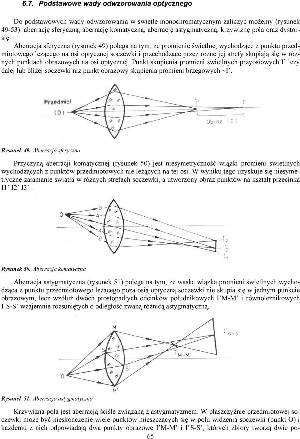 Aberracja sferyczna (rysunek 49) polega na tym, że promienie świetlne, wychodzące z punktu przedmiotowego leżącego na osi optycznej soczewki i przechodzące przez różne jej strefy skupiają się w