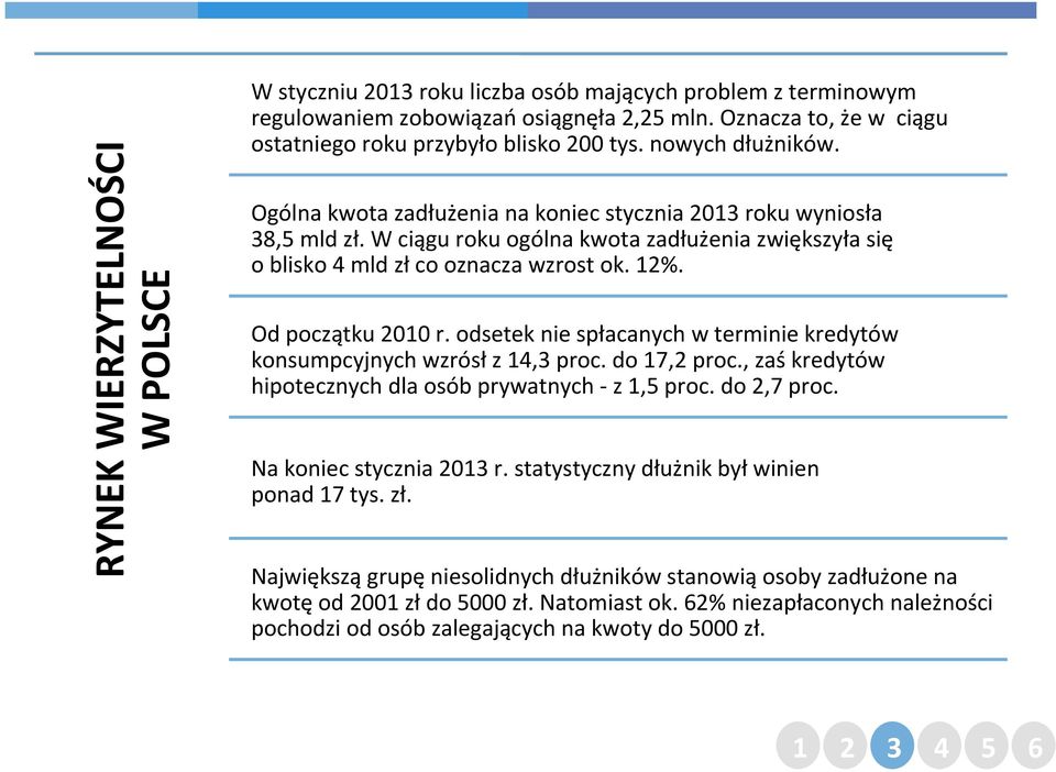 Od początku 2010 r. odsetek nie spłacanych w terminie kredytów konsumpcyjnych wzrósł z 14,3 proc. do 17,2 proc., zaś kredytów hipotecznych dla osób prywatnych - z 1,5 proc. do 2,7 proc.