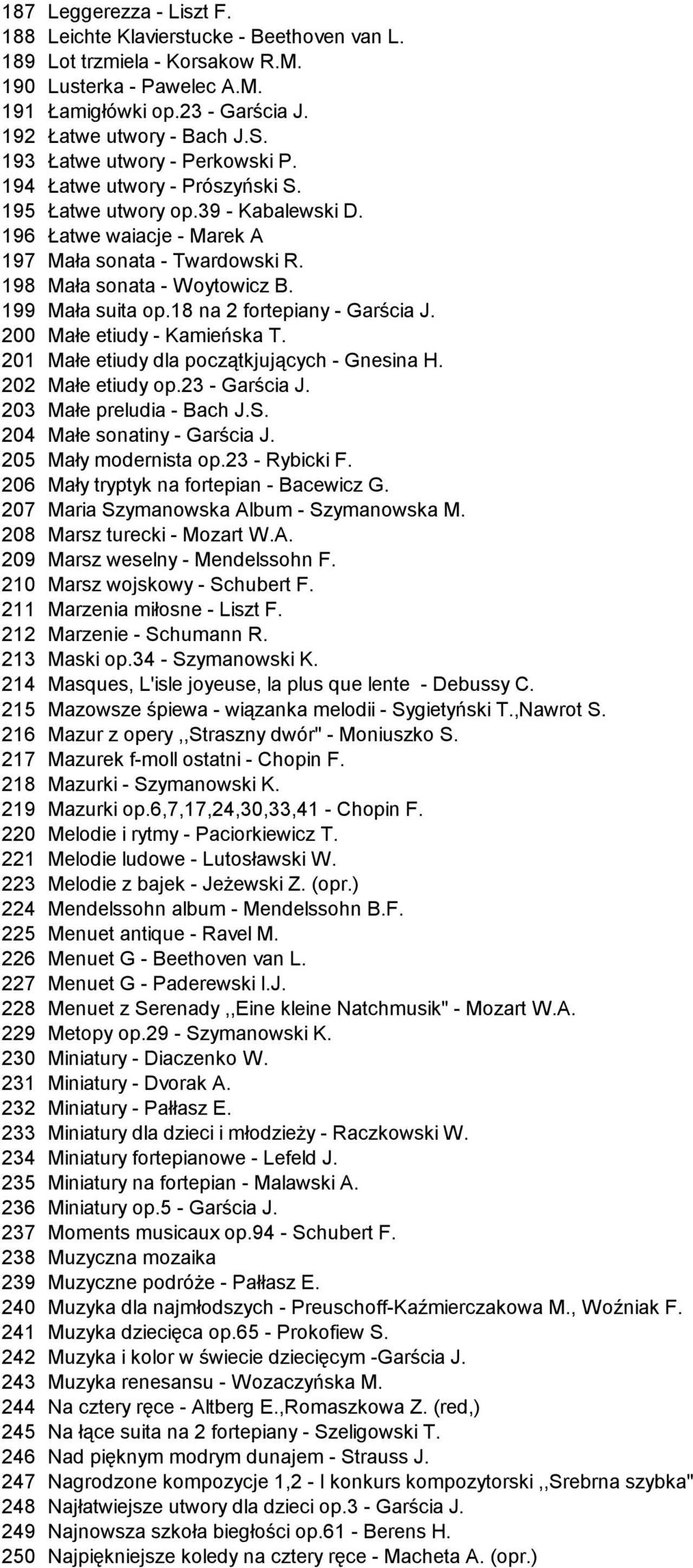 199 Mała suita op.18 na 2 fortepiany - Garścia J. 200 Małe etiudy - Kamieńska T. 201 Małe etiudy dla początkjujących - Gnesina H. 202 Małe etiudy op.23 - Garścia J. 203 Małe preludia - Bach J.S.