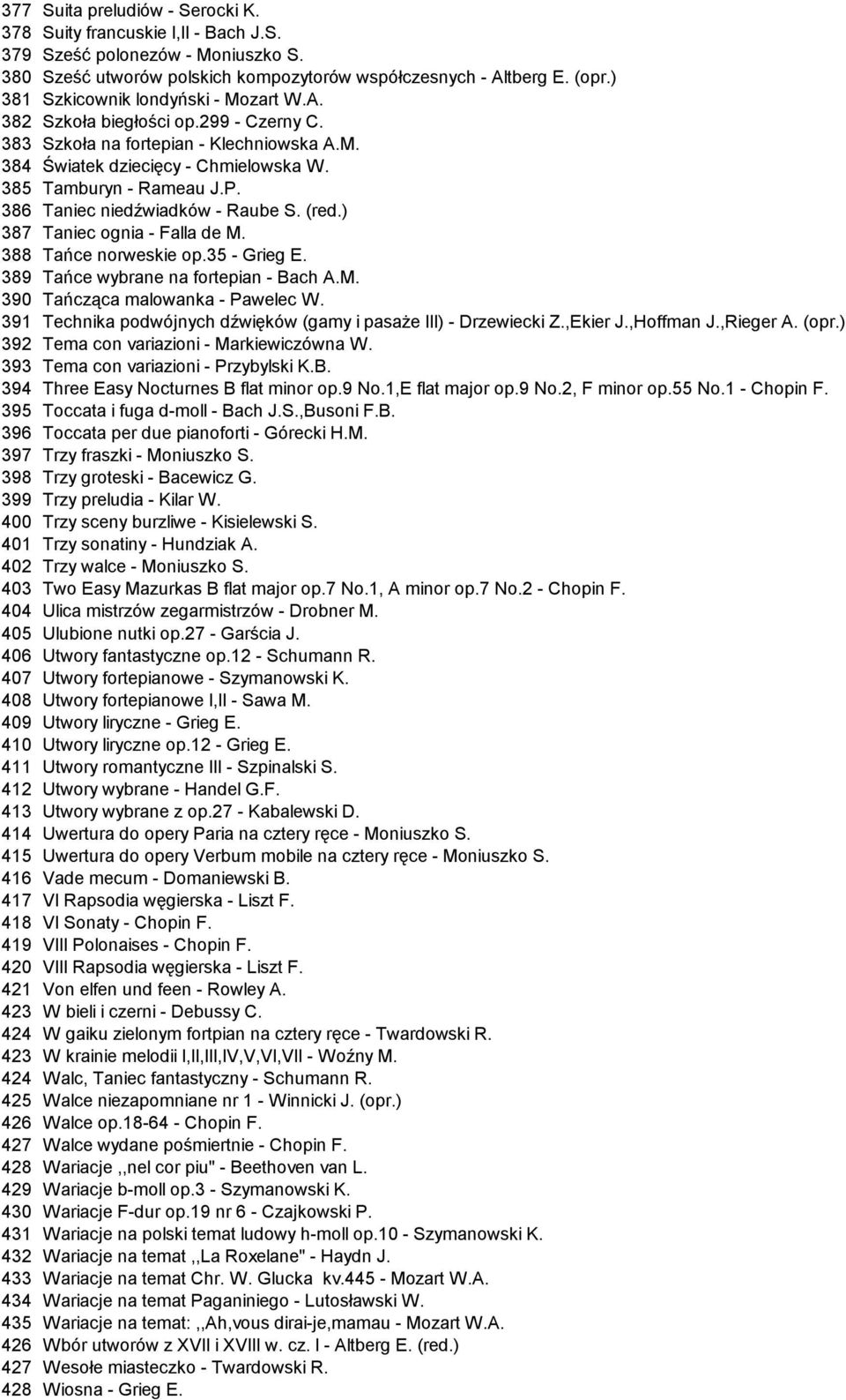 386 Taniec niedźwiadków - Raube S. (red.) 387 Taniec ognia - Falla de M. 388 Tańce norweskie op.35 - Grieg E. 389 Tańce wybrane na fortepian - Bach A.M. 390 Tańcząca malowanka - Pawelec W.