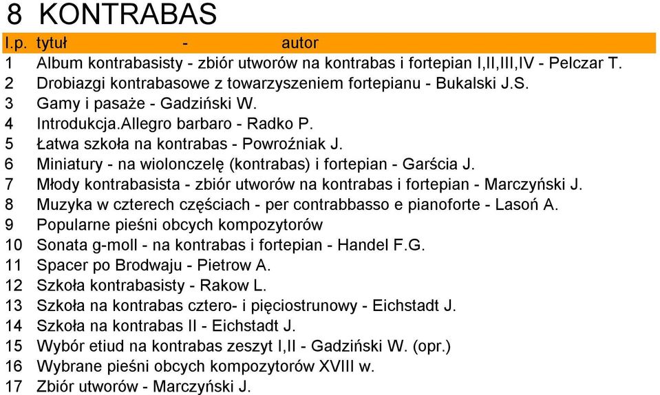7 Młody kontrabasista - zbiór utworów na kontrabas i fortepian - Marczyński J. 8 Muzyka w czterech częściach - per contrabbasso e pianoforte - Lasoń A.
