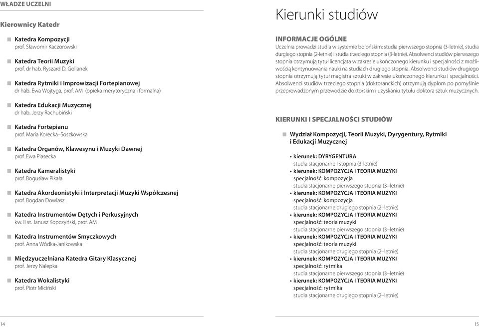 Maria Korecka Soszkowska Katedra Organów, Klawesynu i Muzyki Dawnej prof. Ewa Piasecka Katedra Kameralistyki prof. Bogusław Pikała Katedra Akordeonistyki i Interpretacji Muzyki Współczesnej prof.