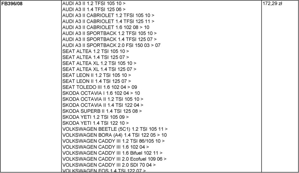 4 TSI 125 07 > SEAT ALTEA XL 1.2 TSI 105 10 > SEAT ALTEA XL 1.4 TSI 125 07 > SEAT LEON II 1.2 TSI 105 10 > SEAT LEON II 1.4 TSI 125 07 > SEAT TOLEDO III 1.6 102 04 > 09 SKODA OCTAVIA I 1.