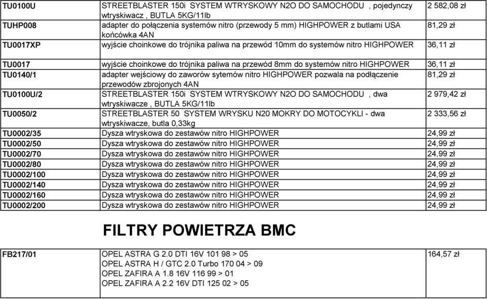 HIGHPOWER 36,11 zł TU0140/1 adapter wejściowy do zaworów sytemów nitro HIGHPOWER pozwala na podłączenie 81,29 zł przewodów zbrojonych 4AN TU0100U/2 STREETBLASTER 150i SYSTEM WTRYSKOWY N2O DO