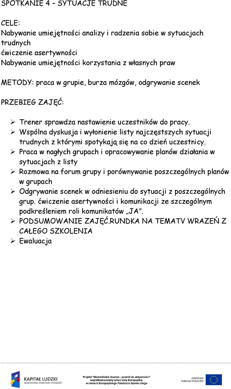 Wspólna dyskusja i wyłonienie listy najczęstszych sytuacji trudnych z którymi spotykają się na co dzień uczestnicy.