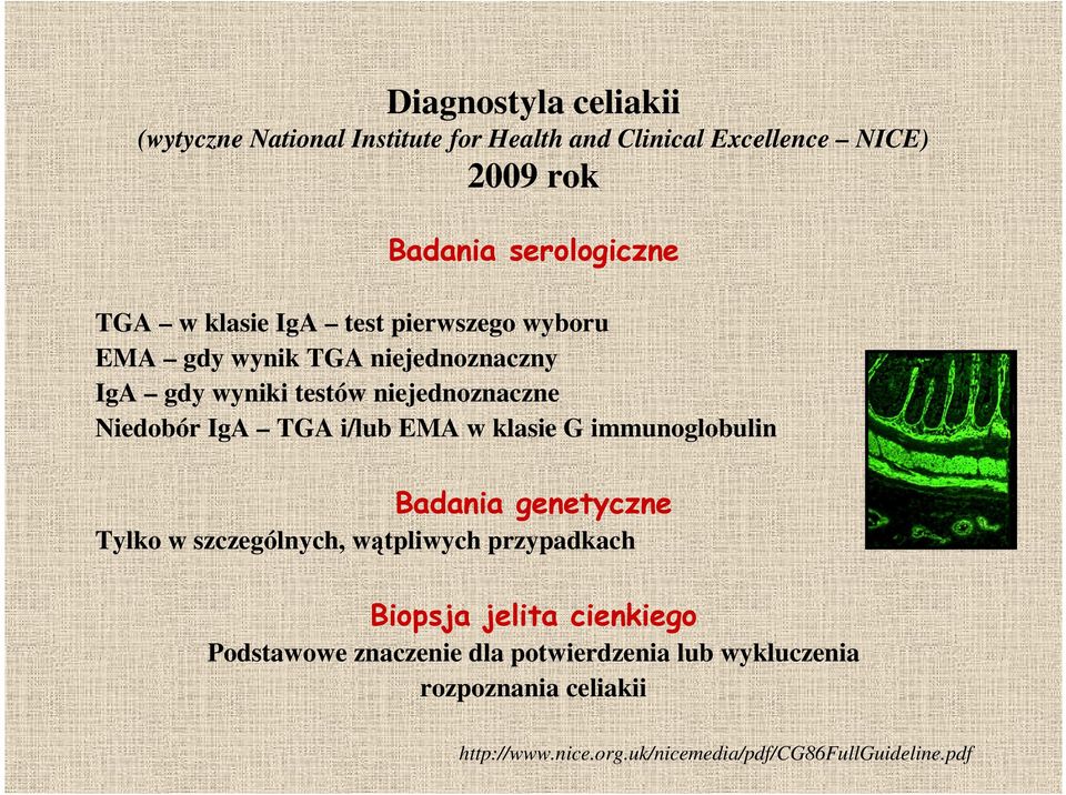 i/lub EMA w klasie G immunoglobulin Badania genetyczne Tylko w szczególnych, wątpliwych przypadkach Biopsja jelita cienkiego