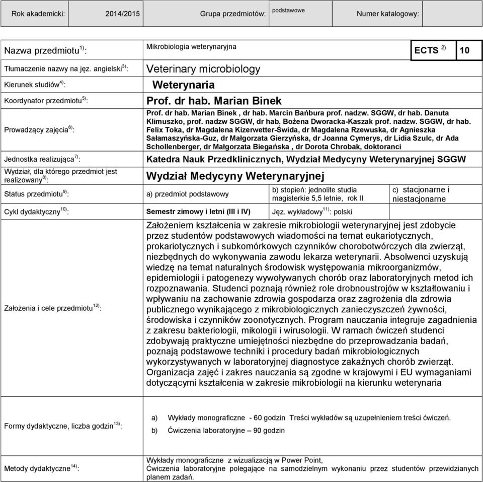 Mikrobiologia weterynaryjna Veterinary microbiology Weterynaria Prof. dr hab. Marian Binek ECTS 2) 10 Prof. dr hab. Marian Binek, dr hab. Marcin Bańbura prof. nadzw. SGGW, dr hab.