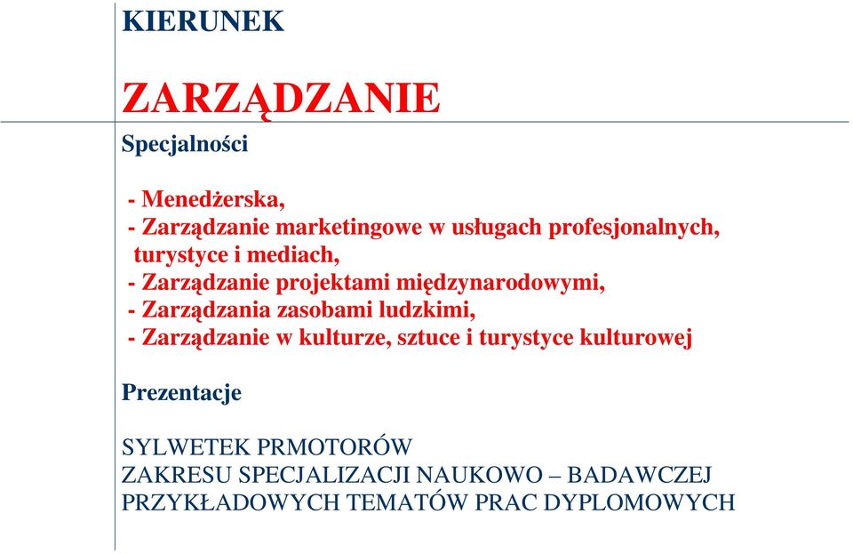 Zarządzania zasobami ludzkimi, - Zarządzanie w kulturze, sztuce i turystyce kulturowej