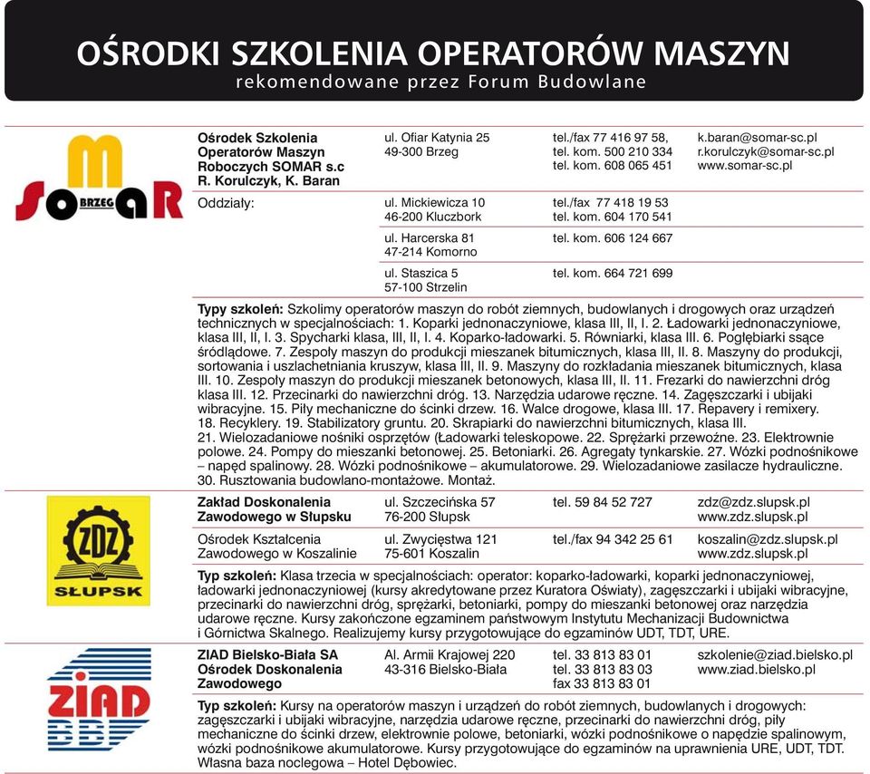 Koparki jednonaczyniowe, klasa III, II, I. 2. Ładowarki jednonaczyniowe, klasa III, II, I. 3. Spycharki klasa, III, II, I. 4. Koparko-ładowarki. 5. Równiarki, klasa III. 6.
