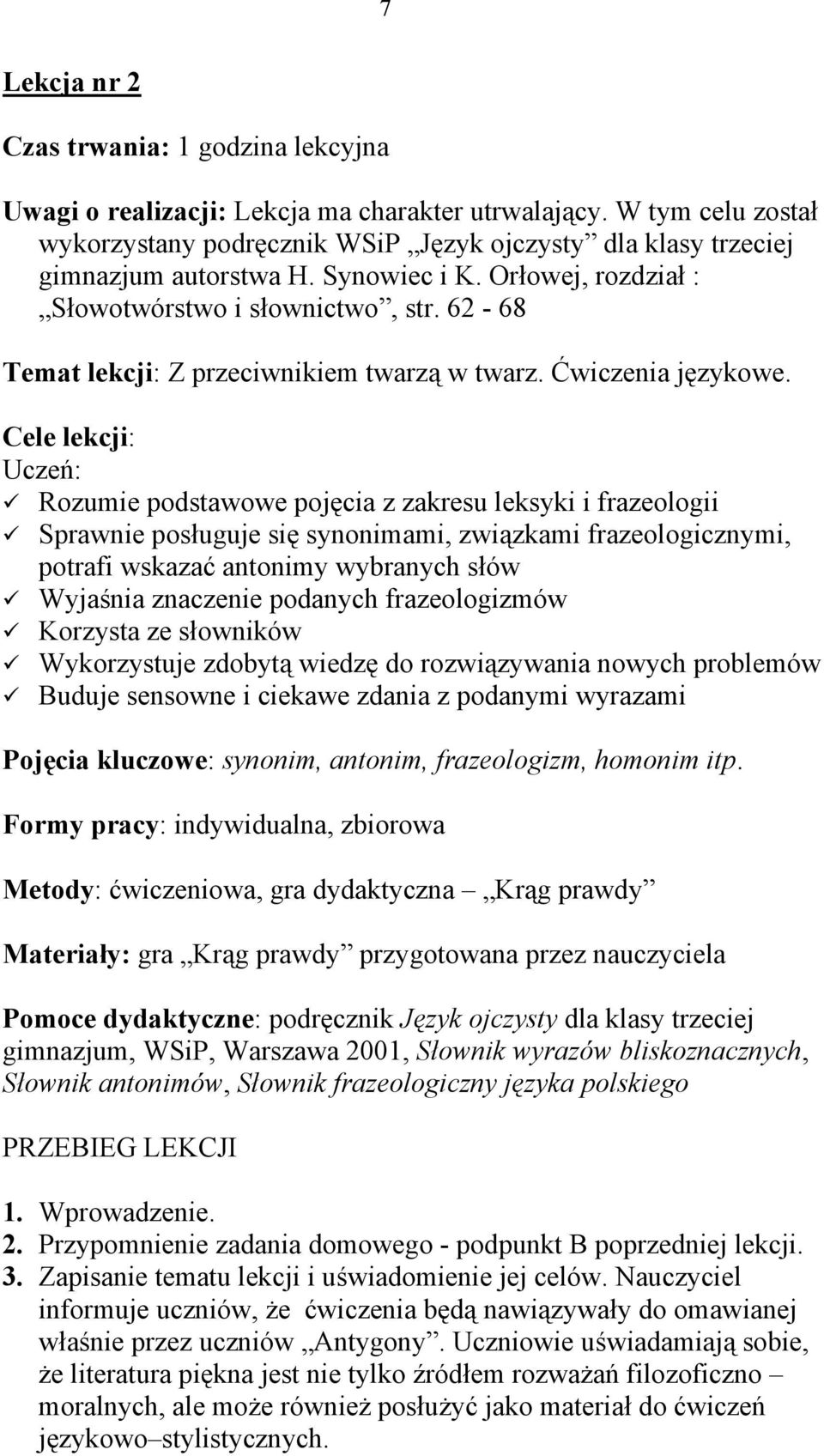 62-68 Temat lekcji: Z przeciwnikiem twarzą w twarz. Ćwiczenia językowe.