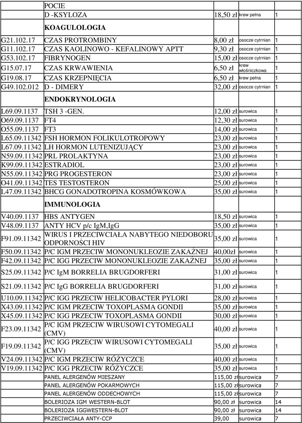 09.37 FT3 4,00 zł surowica L65.09.342 FSH HORMON FOLIKULOTROPOWY 23,00 zł surowica L67.09.342 LH HORMON LUTENIZUJĄCY 23,00 zł surowica N59.09.342 PRL PROLAKTYNA 23,00 zł surowica K99.09.342 ESTRADIOL 23,00 zł surowica N55.