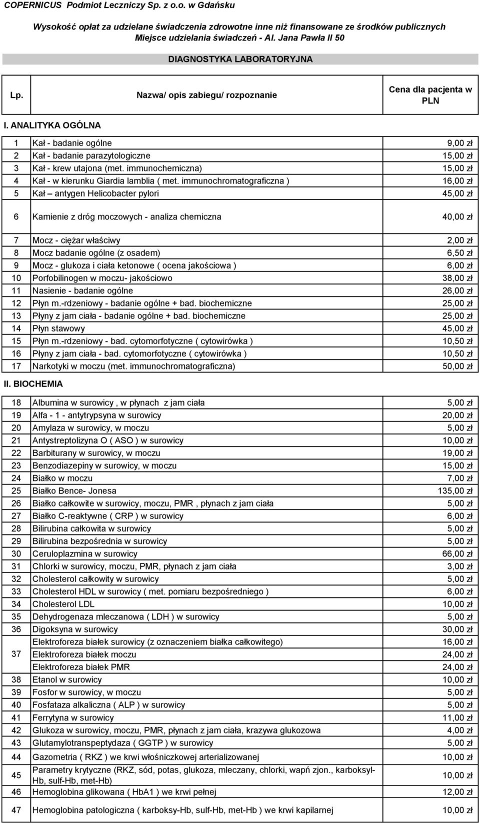 immunochromatograficzna ) 16,00 zł 5 Kał antygen Helicobacter pylori 45,00 zł 6 Kamienie z dróg moczowych - analiza chemiczna 40,00 zł 7 Mocz - ciężar właściwy 2,00 zł 8 Mocz badanie ogólne (z