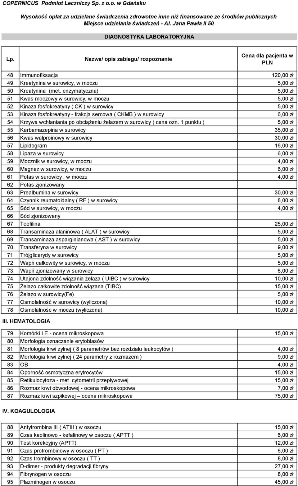 enzymatyczna) 5,00 zł 51 Kwas moczowy w surowicy, w moczu 5,00 zł 52 Kinaza fosfokreatyny ( CK ) w surowicy 5,00 zł 53 Kinaza fosfokreatyny - frakcja sercowa ( CKMB ) w surowicy 6,00 zł 54 Krzywa